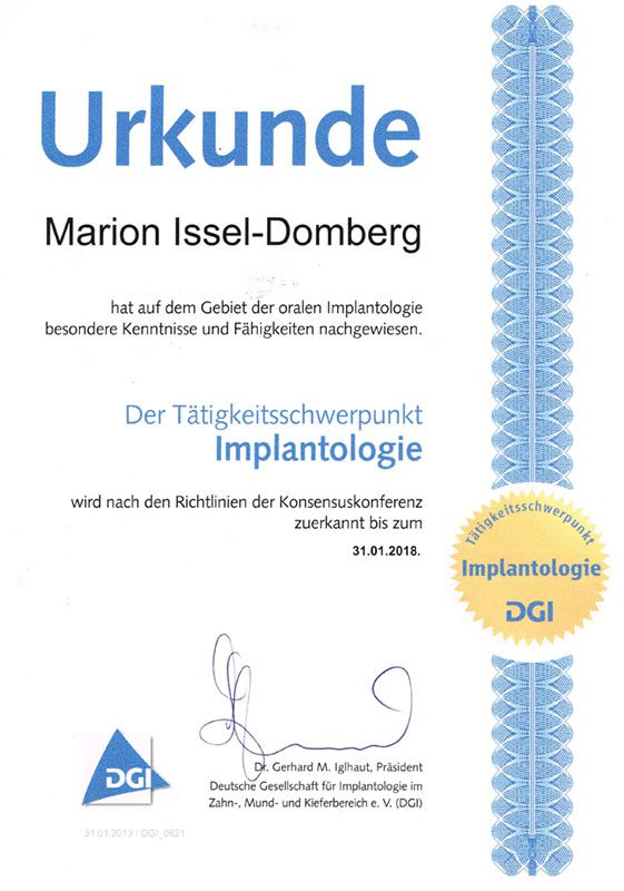 Urkunde Implantologie